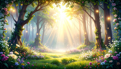 朝の木漏れ日に包まれた花咲く森。色とりどりの花と柔らかな光が織りなす幻想的な世界。自然の癒しや希望、生命の輝きを感じさせるファンタジー風景。