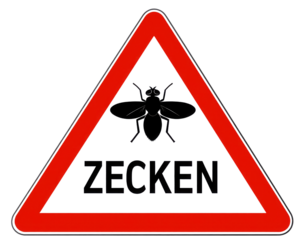 A triangular warning sign indicating the presence of ticks, featuring a bold design with the text "ZECKEN.