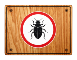 A wooden sign featuring a black insect icon enclosed in a red and white circle, indicating a warning or prohibition.