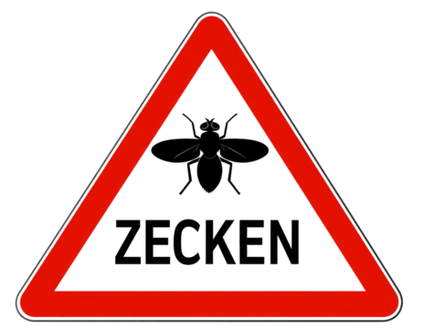 A triangular warning sign indicating the presence of ticks, featuring a bold design with the text "ZECKEN.