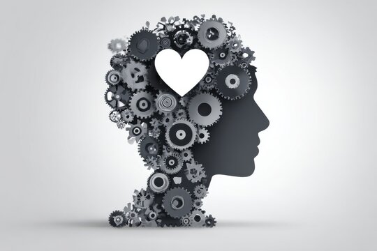 Silhouette profiles artistic exploration of mental health with gears and heart symbols - Powered by Adobe