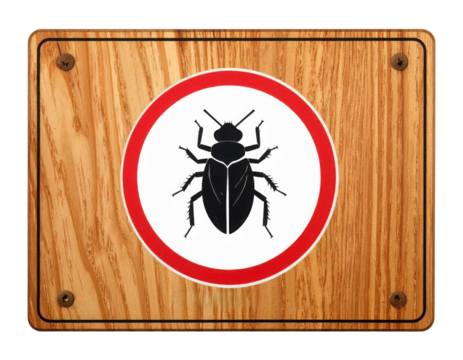 A wooden sign featuring a black insect icon enclosed in a red and white circle, indicating a warning or prohibition.