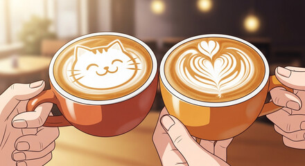 Two hands raising mugs adorned with charming cat and delicate heart latte art, symbolizing a cheerful shared moment and cozy coffee break in a warm cafe environment