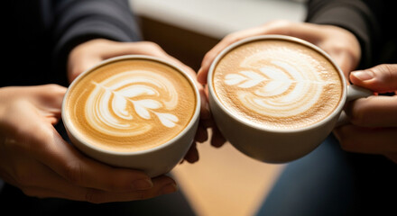 Close-up of two people holding matching cups of cappuccino with beautiful rosetta latte art design