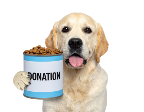 A golden retriever holds a donation can filled with dog food, promoting support for pet welfare.