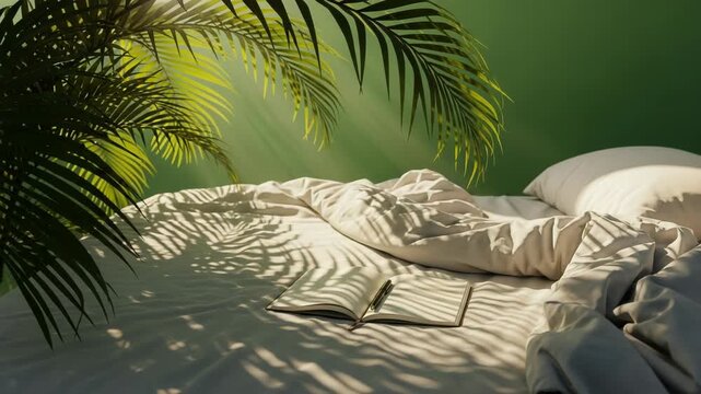 Open notebook and pen on a bed with palm leaves