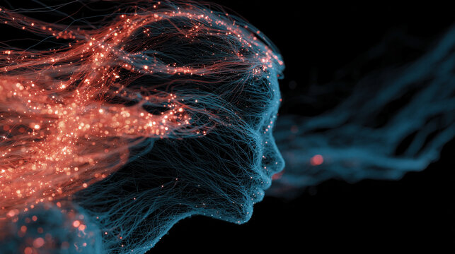 A human silhouette dissolves into streams of flowing digital data, representing identity in flux and the fusion of humanity with technology. The luminous, abstract composition evokes concepts of cyber