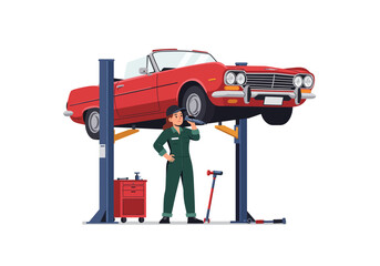 Mechanic repairing red convertible car on lift perfect for automotive blogs, mechanic websites, car repair services, and vehicle maintenance content.