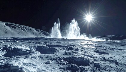 Enceladus geysers erupting in the sunlight.