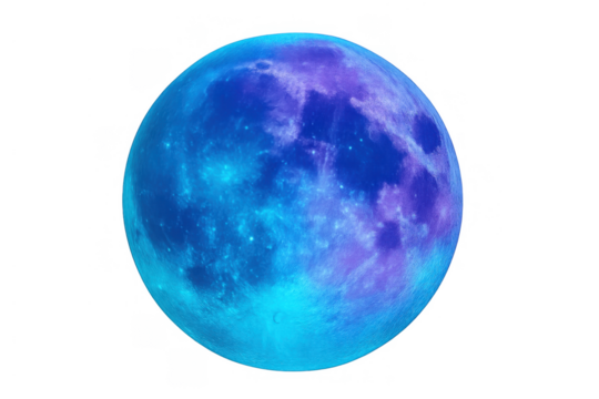 Full moon showing glowing blue and purple surface texture with craters, celestial body and transparent background