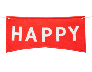 A vibrant red banner displays the word "HAPPY" in bold white letters, conveying a cheerful and positive message.