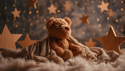 Brown teddy bear resting on a soft blanket, surrounded by wooden stars under a dreamy, star studded backdrop
