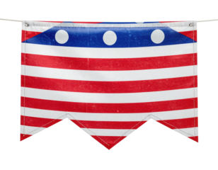 A colorful banner featuring red and white stripes with blue accents and white dots, showcasing a festive design.