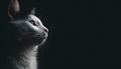 Elegant side profile of a white and black cat against a dark background, captured in a dramatic, cinematic style