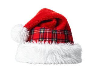 A festive red Santa hat with a white fur trim and a pom-pom on top, featuring a classic plaid pattern.