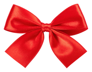 A vibrant red bow made of satin with a glossy finish, featuring two wide loops and pointed ends.