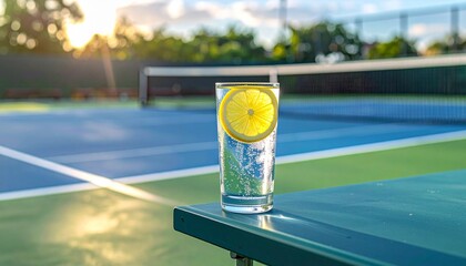 Refreshing Lemon Water on Tennis Court.