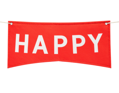 A vibrant red banner displays the word "HAPPY" in bold white letters, conveying a cheerful and positive message.
