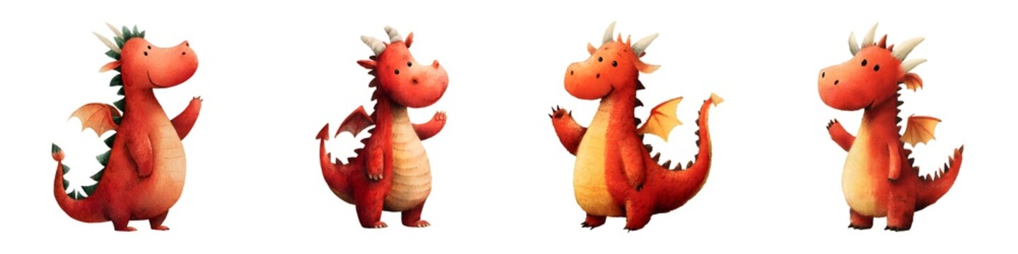 Watercolor red dragon characters standing, clipart set on transparent background