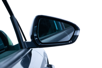 Modern car side mirror showing vehicle detail and reflection isolated on transparent background