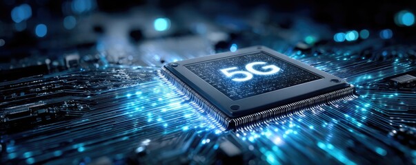 6G chip on circuit board frontier in mobile tech concept. Close-up of a 5G chip on a circuit board with glowing connections.