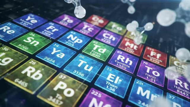 Abstract Periodic Table with Molecule Structures on Dark Background