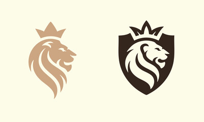 Two Stylized Lion Head and Crown Logos, Royal Lion Head and Shield Emblem Set, Brown and Beige King Lion Logos, Heraldic Lion Mascot with Crown, vector, illustration.