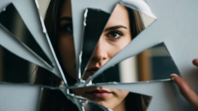 Woman looking through broken mirror with reflection of her face