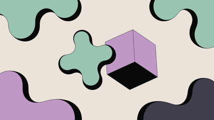 Obraz premium Abstract background with cube and organic shapes in pastel colors and black outlines design art 3d