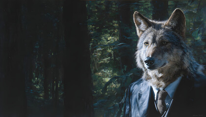painting of an eurasian wolf wearing a suit and tie, standing in a forest, conveying concepts of power, mystery, and anthropomorphism
