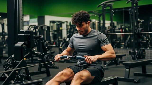 Man exercising on rowing machine in a modern gym