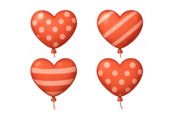 Four vibrant red heart-shaped balloons featuring polka dot and stripe patterns, creating a festive display for celebration, isolated with a transparent background