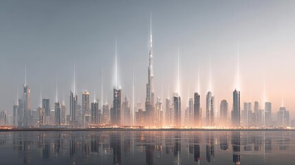 Obraz premium Light image depicting mobile network wires concept. Captivating skyline view showcasing modern skyscrapers at dusk.