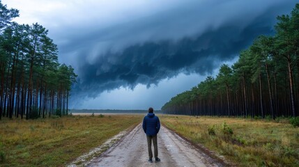Fototapeta premium Backpacker on the road watching epic storm concept. Person standing on road beneath dramatic stormy clouds.