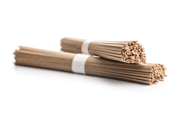 Buckwheat soba noodles isolated on white background.