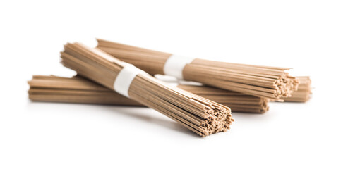 Buckwheat soba noodles isolated on white background.