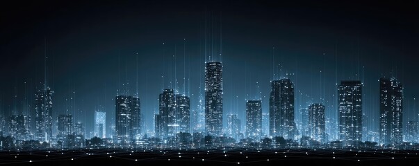 Light image depicting mobile network wires concept. A futuristic city skyline illuminated by neon lights at night.