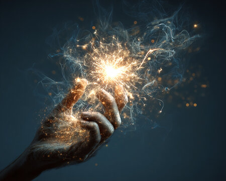 A hand holding a sparkler with bright light and smoke against a dark blue gradient background art