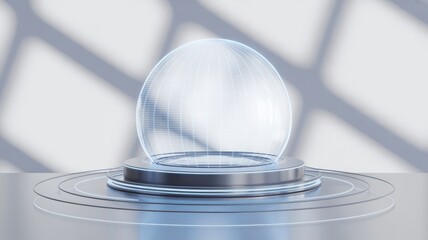 A futuristic, glowing wireframe sphere rests on a sleek, illuminated metallic pedestal, showcasing a holographic display against a modern, bright backdrop.