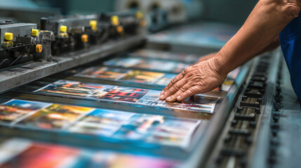 Fototapeta premium A close-up view of hands operating a printing machine, with printed materials in focus. The scene suggests a print shop or industrial setting