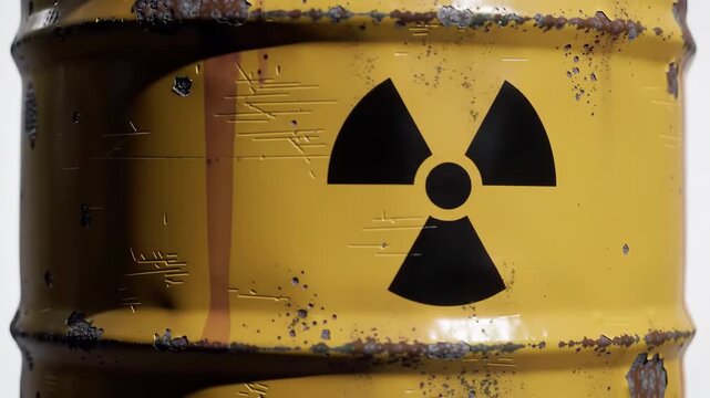 Close Up Of Yellow Rusty Barrel With Black Radiation Symbol