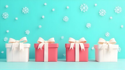 A minimalist 3D render shows four gift boxes (alternating white and pink) with cream bows, lined up against a mint green background with scattered white snowflakes.