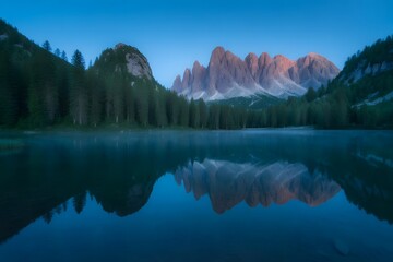 Tranquil alpine lake reflects jagged mountain peaks and dense evergreen forest under a serene twilight sky in the dolomites italy