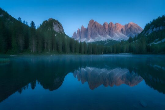 Tranquil alpine lake reflects jagged mountain peaks and dense evergreen forest under a serene twilight sky in the dolomites italy