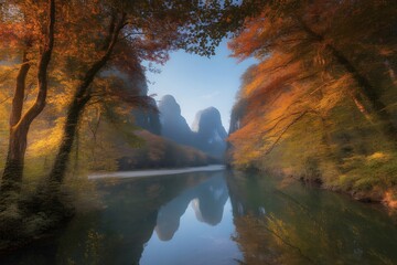 Serene autumn landscape featuring vibrant orange and yellow foliage framing a tranquil river reflecting karst mountains and a soft blue sky
