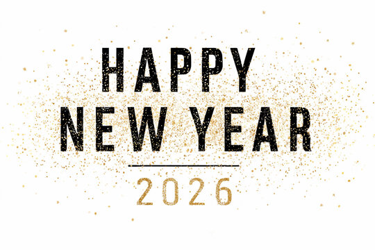 Happy new year greeting card with gold confetti and the year two thousand and twenty six in gold letters
