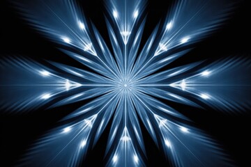 Naklejka premium Abstract blue radial design with luminous rays emerging from a central point, resembling a futuristic snowflake, starburst, or light explosion.