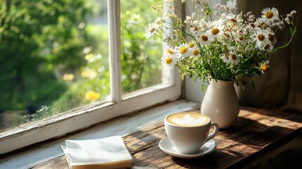 Peaceful early morning with a special latte placed on a wooden table by an open window where sunlight streams in and illuminates the cup surrounded by a vase of fresh wildflowers