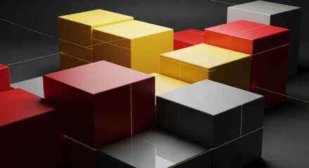 Fototapeta premium Abstract stacked cubes in red, yellow, gray with thin gold lines overlayed