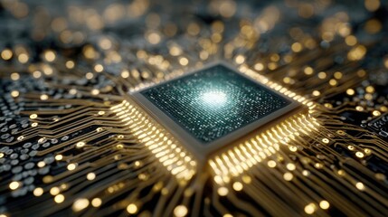 6G chip on circuit board frontier in mobile tech concept. Close-up of a detailed microchip with intricate circuitry.